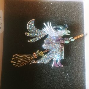 Vintage Unique jeweled witch brooch